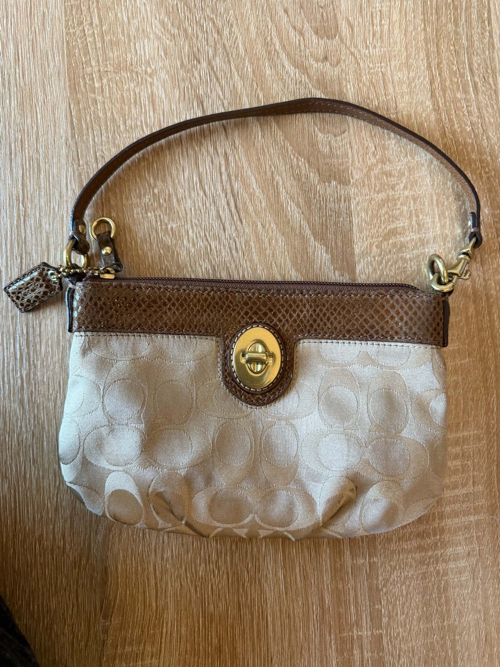 Vintage Coach Peyton Signature XL Wristlet Bag - Khaki & Snakeskin Trim